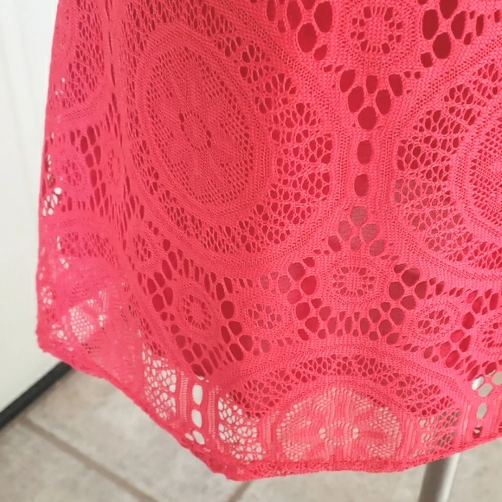 VINTAGE 90's Coral Red Crochet Lace Short Sleeve Shift Dress Tunic SMALL